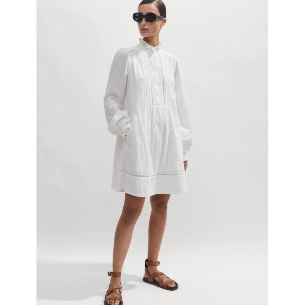 ME+EM Cheesecloth Trim Detail Short Swing Dress Size 12 White Long Sleeve